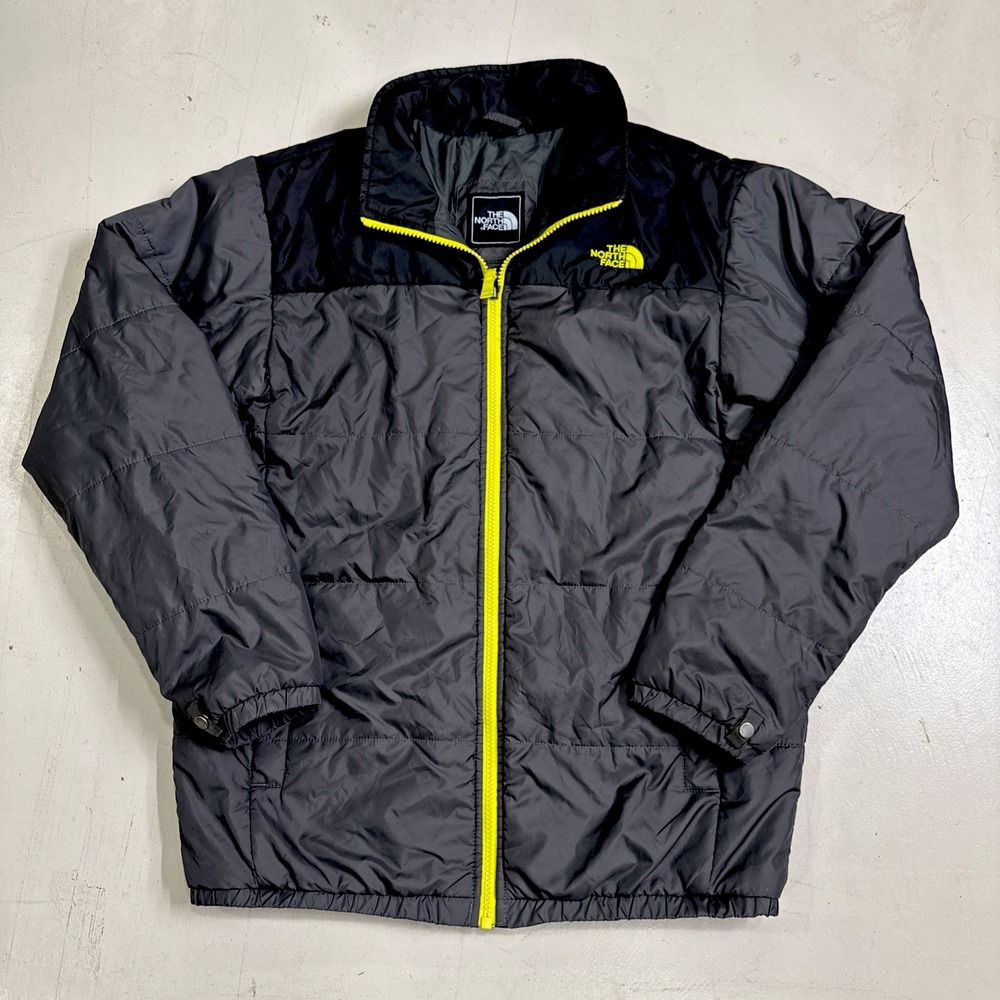 NORTH FACE PUFFY FALL/WTR JACKET - BOYS XL 18/20 - BLACK/GREY W/ NEON ZIPPER